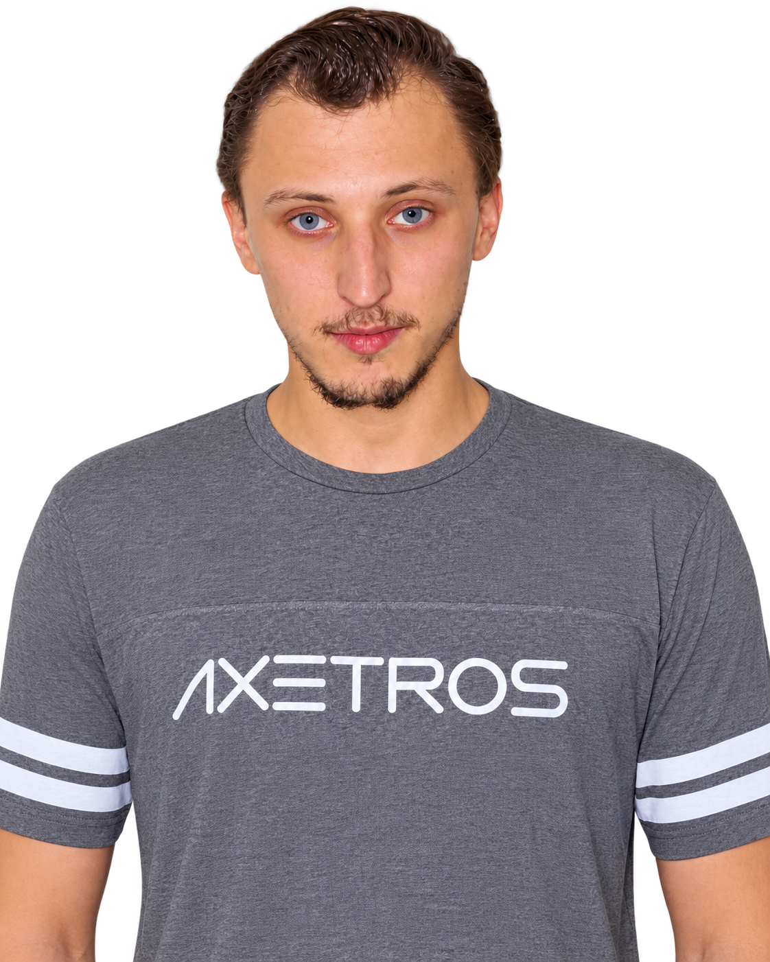 Axetros wearing a gray AXETROS shirt